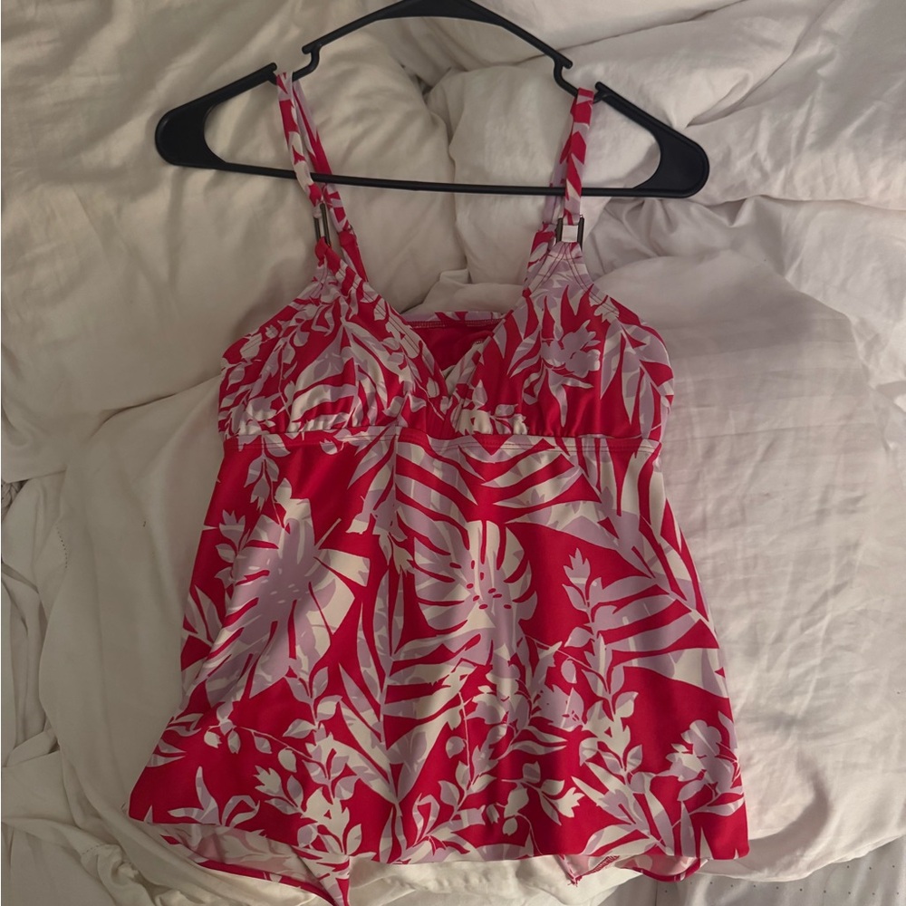 tropical floral red, lilac and white tankini top